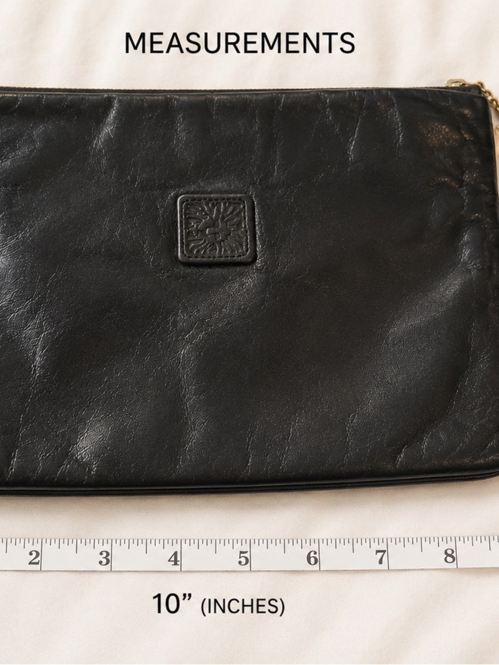 Vintage Anne Klein Black Leather Clutch Envelope Pouch Goldtone pull Chic Y2K - Picture 4 of 15